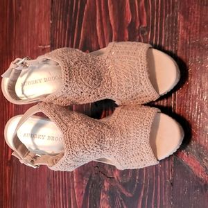 Women's Audrey Brooke crocheted, cork wedge heels, size 9.